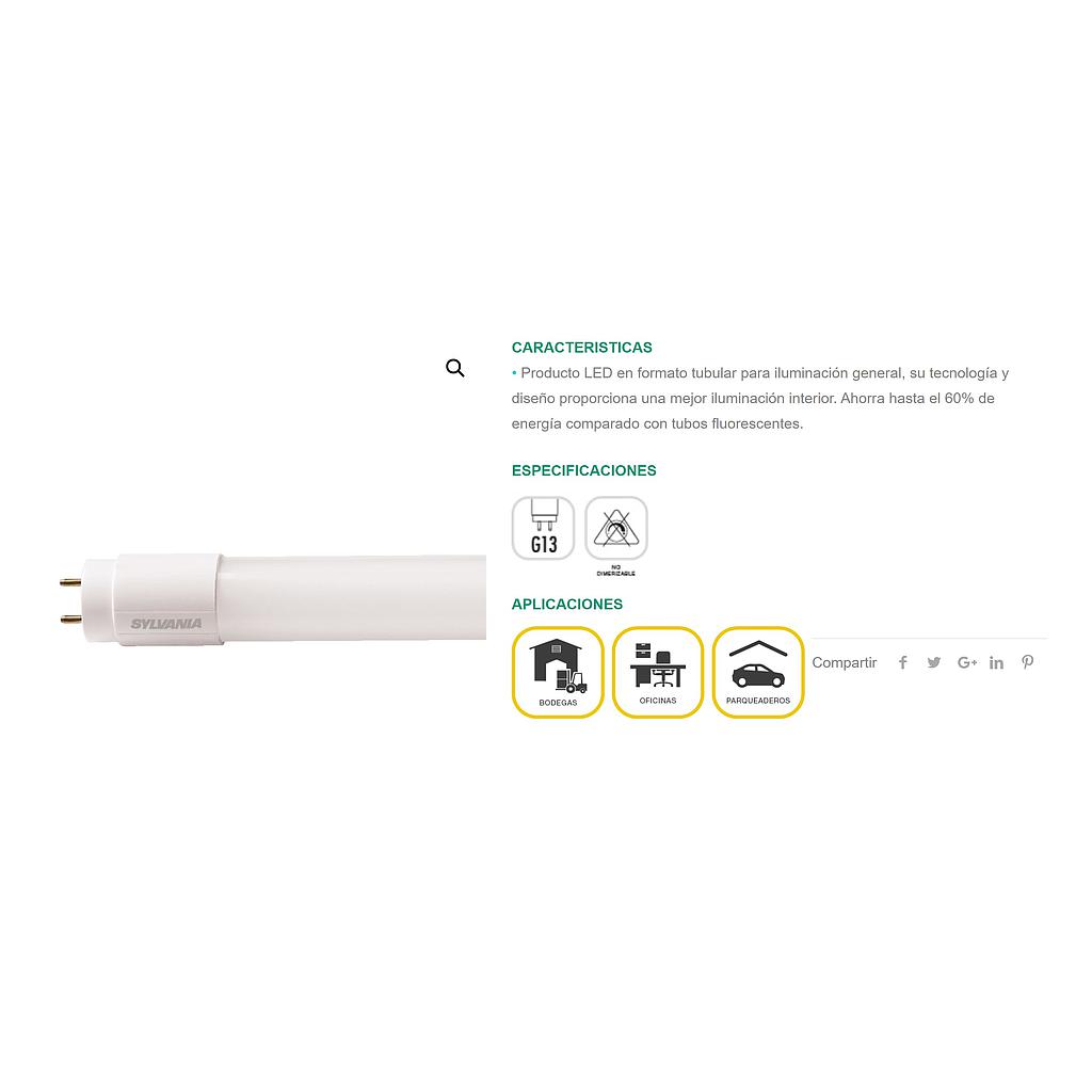 TUBO LED T8 9W 100-240V, 800LM , 6500K (LUZ BLANCA)  COD: LES48085