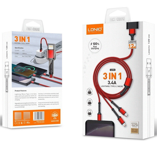 CABLE LDNIO LC93 3 EN 1 3.4A  ( V8 - IPH - TIPO C )