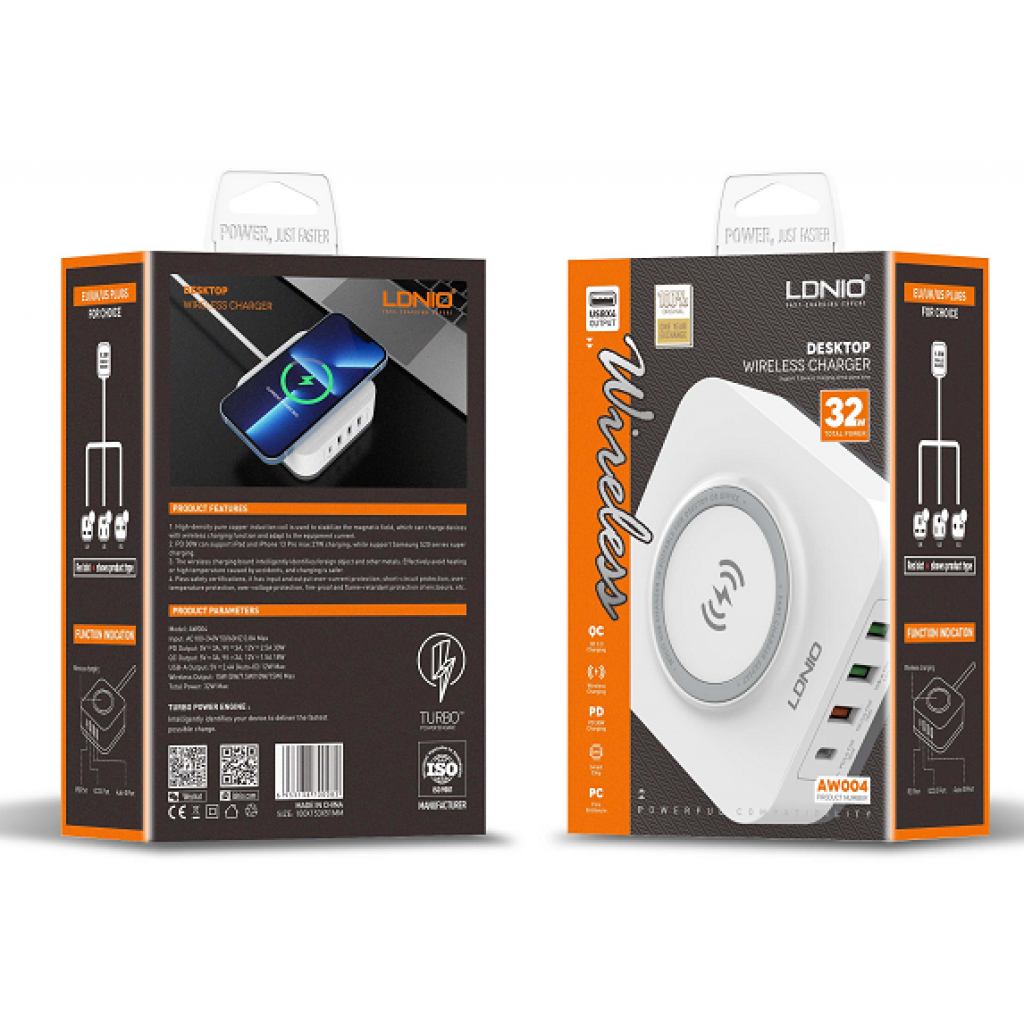 CARGADOR  RAPIDO 4 USB /INALAMBRICO LDNIO AW004 WIRELESS 32W