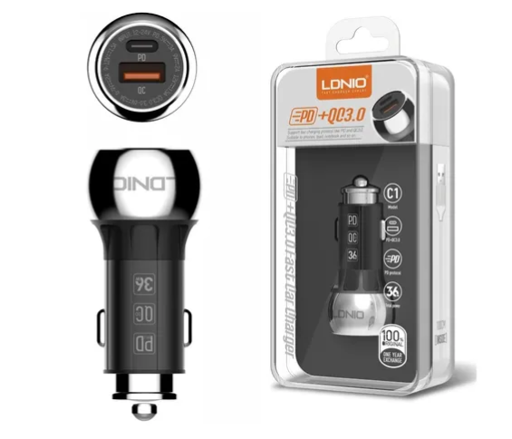 CARG VEHICULAR LDNIO C1 36W IPH (2 PUERTOS TIPO C +USB) INCLUYE CABLE 