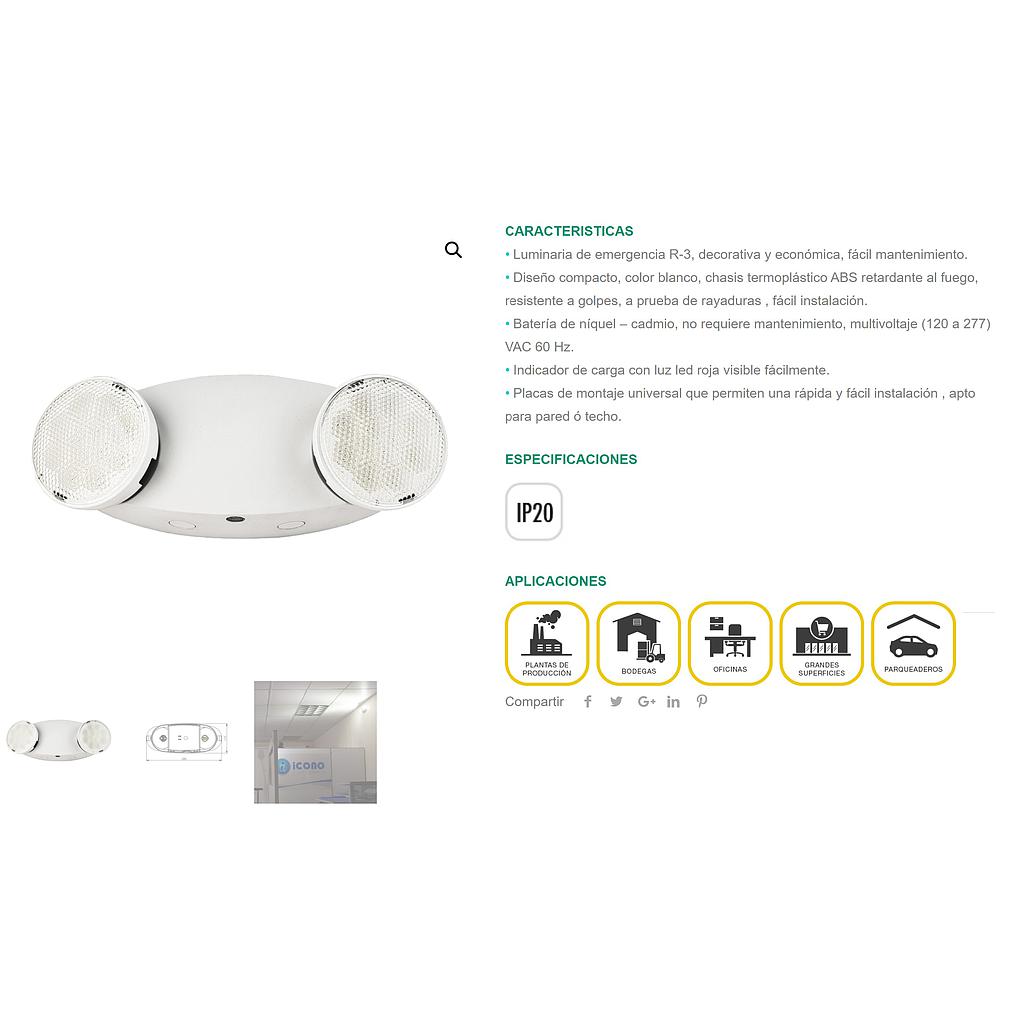 [LES51366] LAMPARA EMERGENCIA R3 LED 2 1.6 6000K 120-200 V P26931-36  COD: LES51366