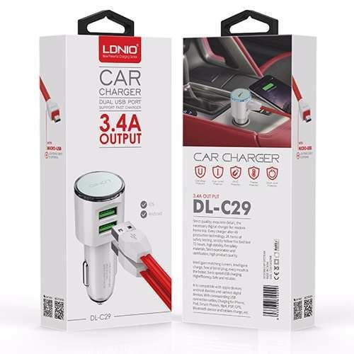 [TECL30710] CARG VEHICULAR LDNIO DL-C29 3.4A IP (2 PUERTOS USB) INCLUYE CABLE 